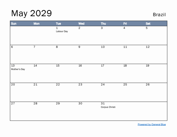 May 2029 Simple Monthly Calendar for Brazil