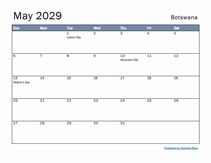 May 2029 Simple Monthly Calendar for Botswana