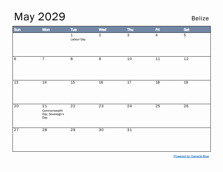 May 2029 Simple Monthly Calendar for Belize