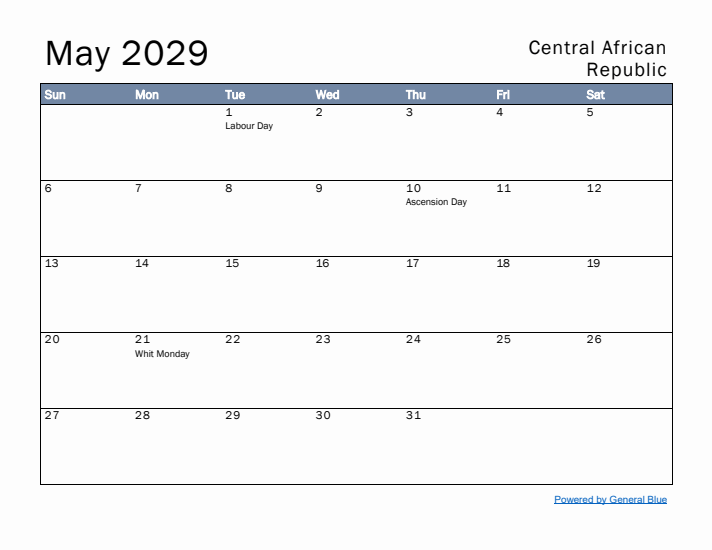 May 2029 Simple Monthly Calendar for Central African Republic