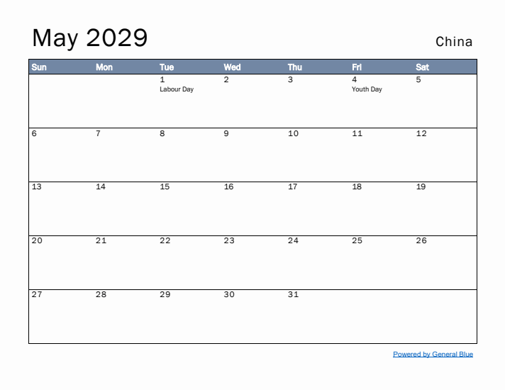 May 2029 Simple Monthly Calendar for China