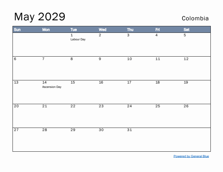 May 2029 Simple Monthly Calendar for Colombia