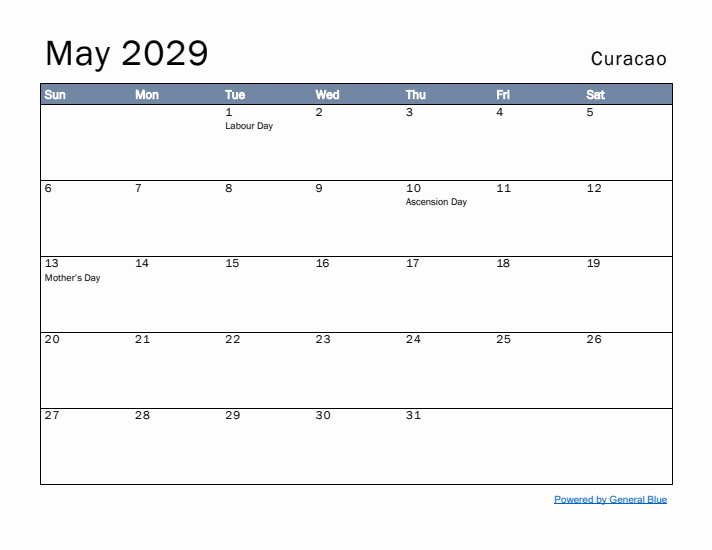 May 2029 Simple Monthly Calendar for Curacao