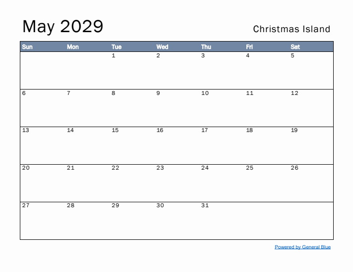 May 2029 Simple Monthly Calendar for Christmas Island