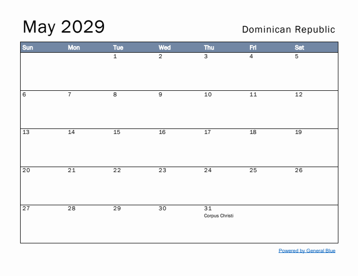 May 2029 Simple Monthly Calendar for Dominican Republic