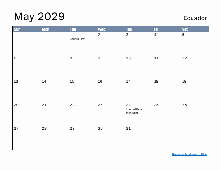 May 2029 Simple Monthly Calendar for Ecuador