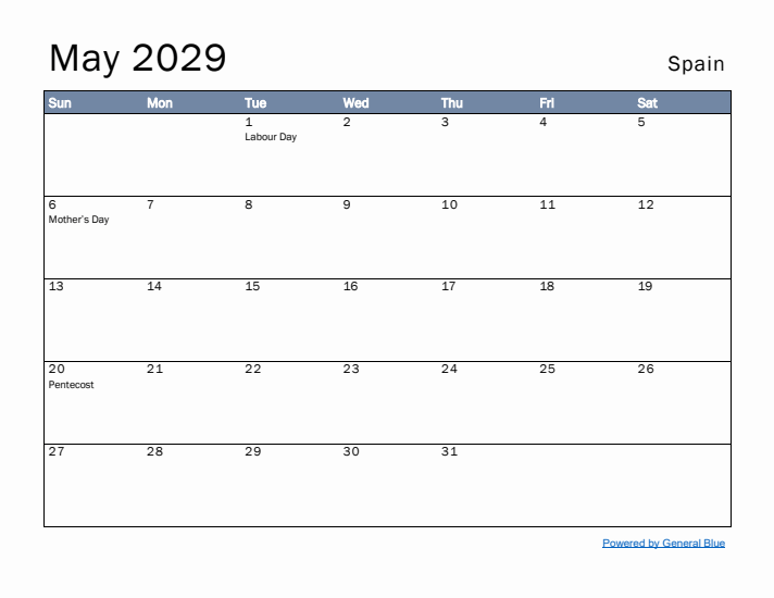 May 2029 Simple Monthly Calendar for Spain