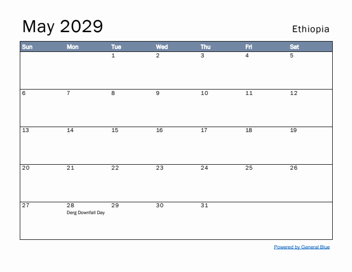 May 2029 Simple Monthly Calendar for Ethiopia