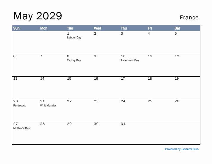 May 2029 Simple Monthly Calendar for France