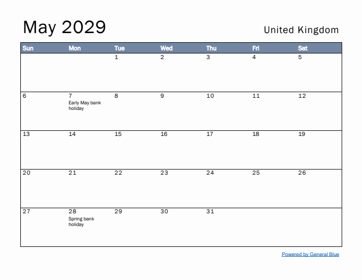 May 2029 Simple Monthly Calendar for United Kingdom