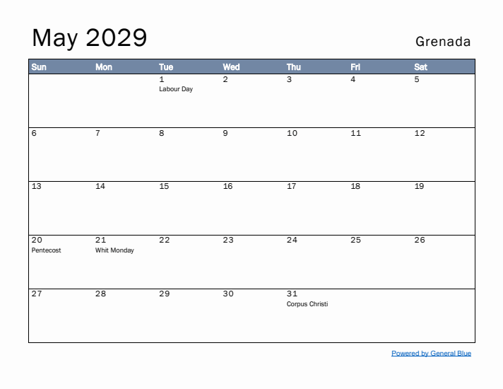 May 2029 Simple Monthly Calendar for Grenada