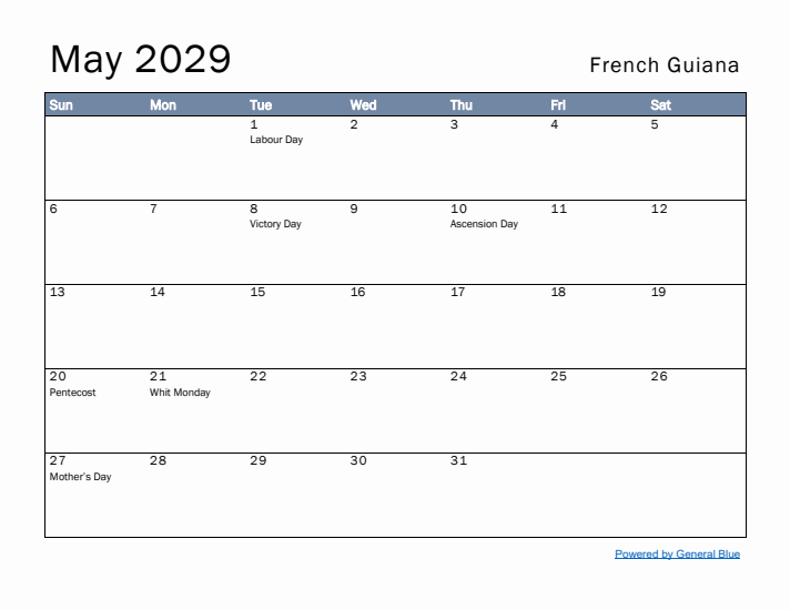 May 2029 Simple Monthly Calendar for French Guiana