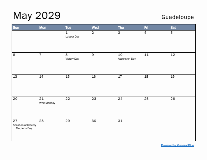 May 2029 Simple Monthly Calendar for Guadeloupe