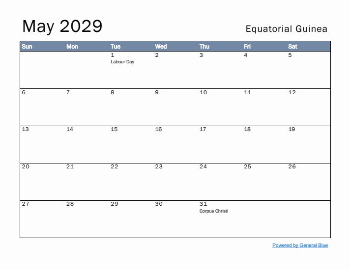 May 2029 Simple Monthly Calendar for Equatorial Guinea