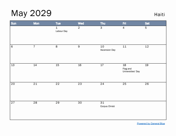 May 2029 Simple Monthly Calendar for Haiti