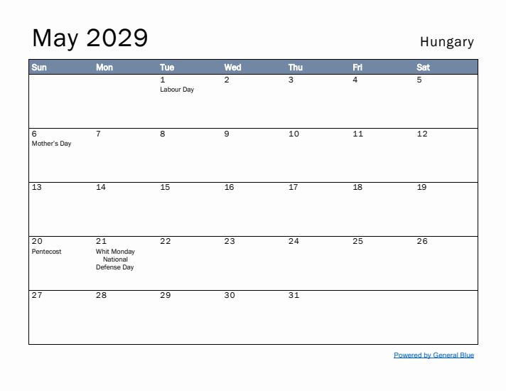 May 2029 Simple Monthly Calendar for Hungary