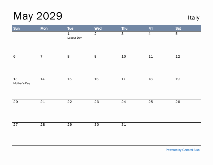 May 2029 Simple Monthly Calendar for Italy