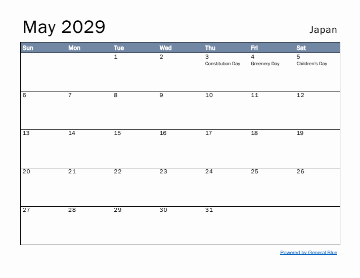 May 2029 Simple Monthly Calendar for Japan