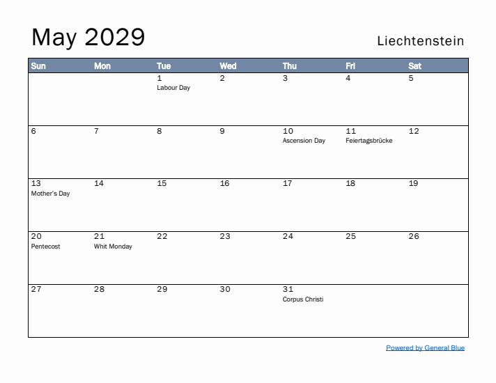 May 2029 Simple Monthly Calendar for Liechtenstein