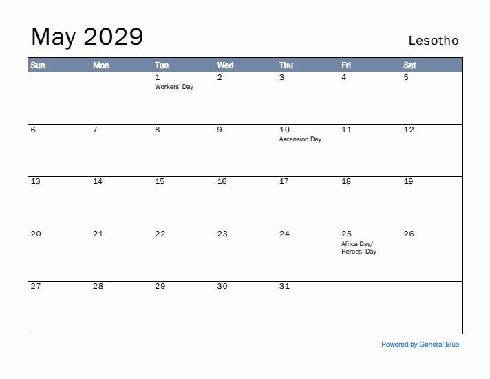 May 2029 Simple Monthly Calendar for Lesotho