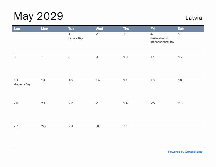 May 2029 Simple Monthly Calendar for Latvia