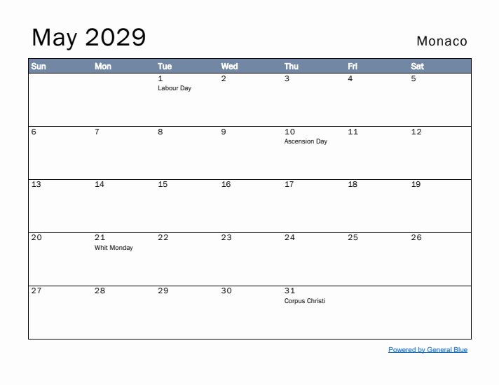 May 2029 Simple Monthly Calendar for Monaco