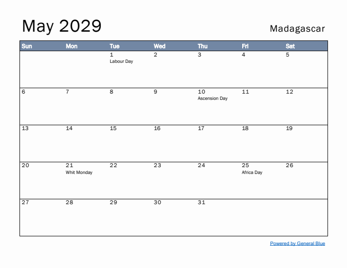 May 2029 Simple Monthly Calendar for Madagascar