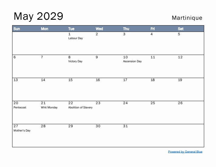 May 2029 Simple Monthly Calendar for Martinique