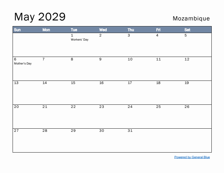 May 2029 Simple Monthly Calendar for Mozambique