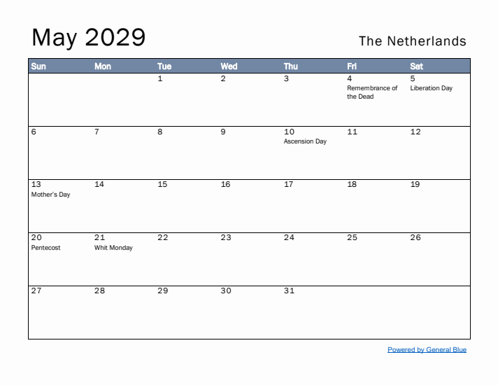 May 2029 Simple Monthly Calendar for The Netherlands