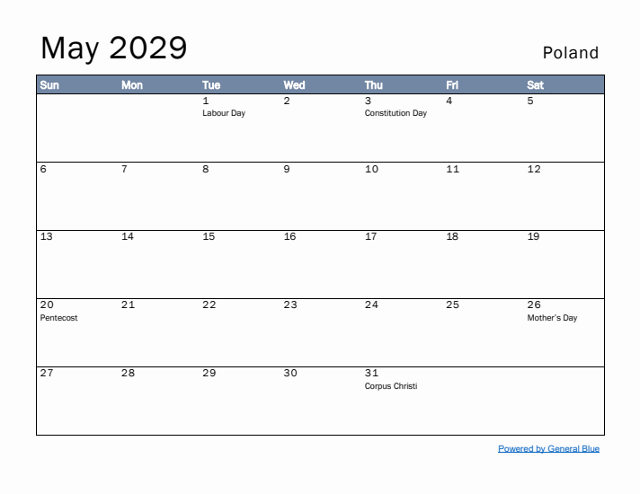 May 2029 Simple Monthly Calendar for Poland