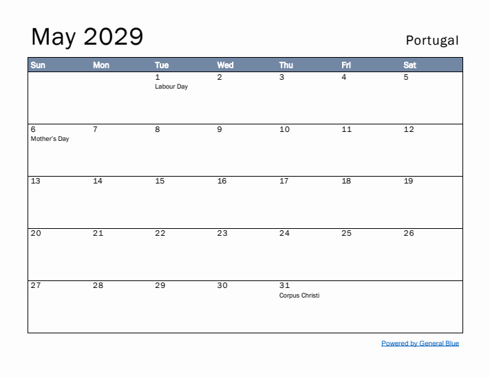 May 2029 Simple Monthly Calendar for Portugal