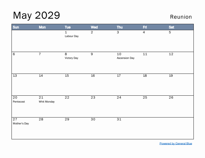 May 2029 Simple Monthly Calendar for Reunion