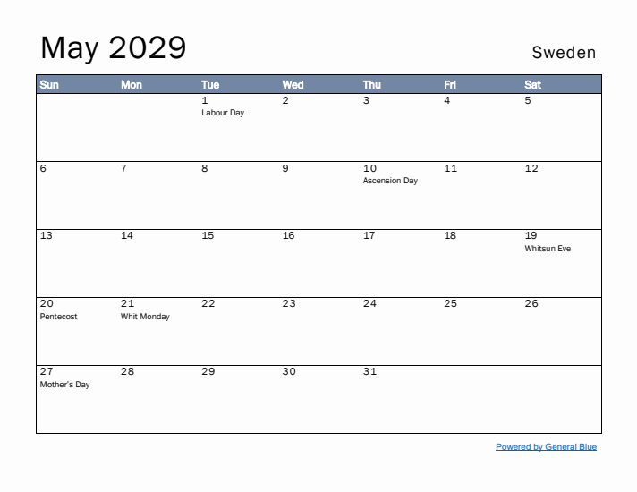 May 2029 Simple Monthly Calendar for Sweden