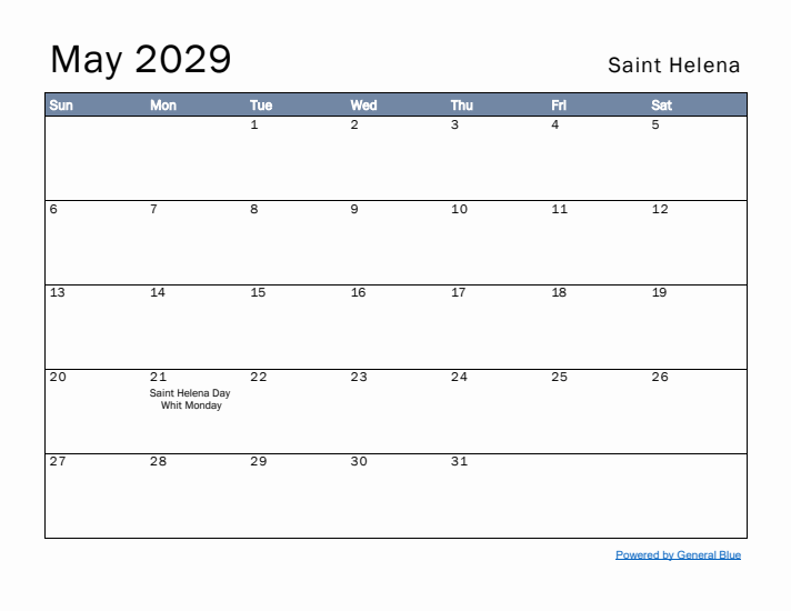 May 2029 Simple Monthly Calendar for Saint Helena