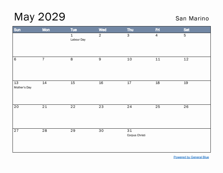 May 2029 Simple Monthly Calendar for San Marino