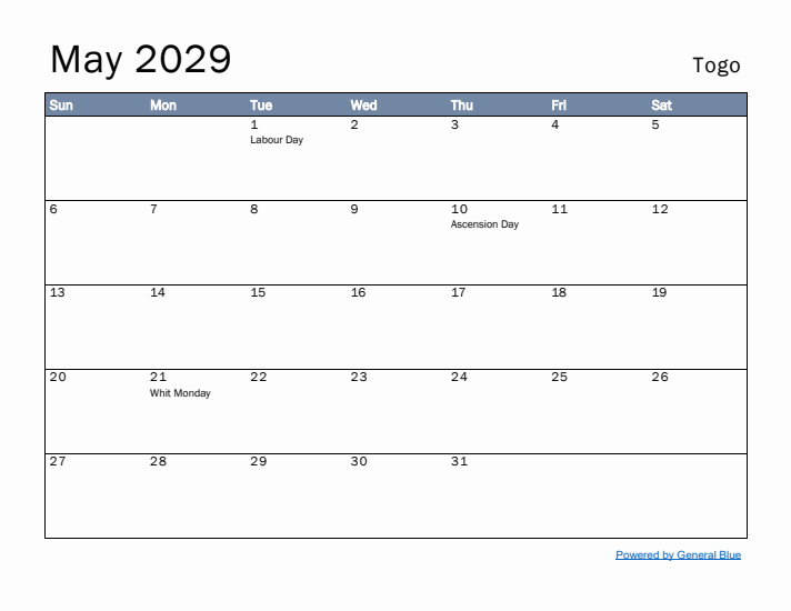 May 2029 Simple Monthly Calendar for Togo