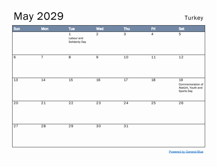 May 2029 Simple Monthly Calendar for Turkey