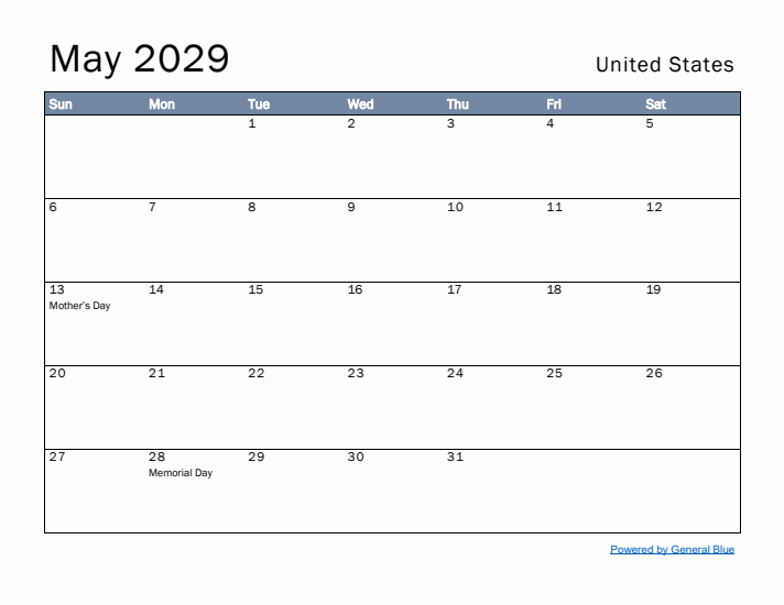 May 2029 Simple Monthly Calendar for United States