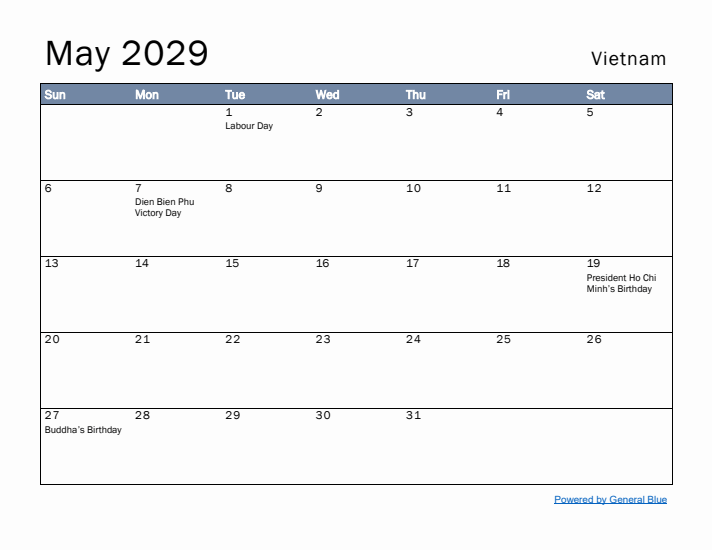 May 2029 Simple Monthly Calendar for Vietnam