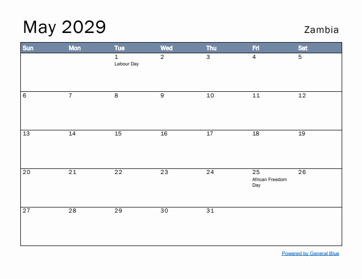 May 2029 Simple Monthly Calendar for Zambia