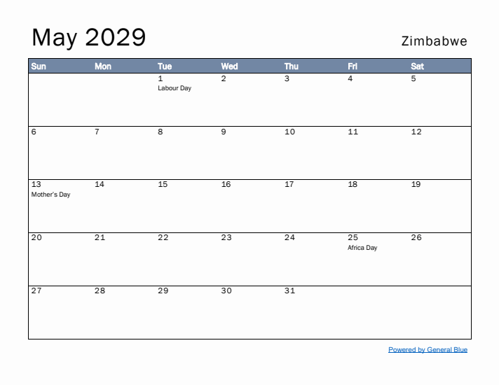 May 2029 Simple Monthly Calendar for Zimbabwe