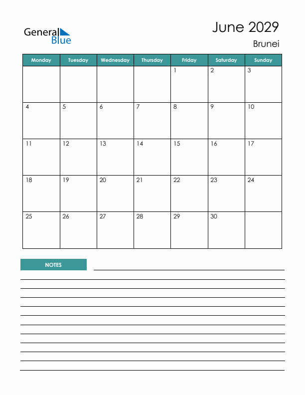 Calendar with Notes Printable - Monday Start