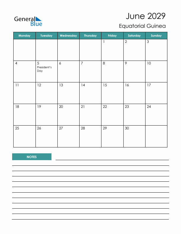 Calendar with Notes Printable - Monday Start