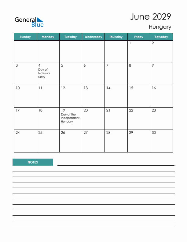 Calendar with Notes Printable - Sunday Start