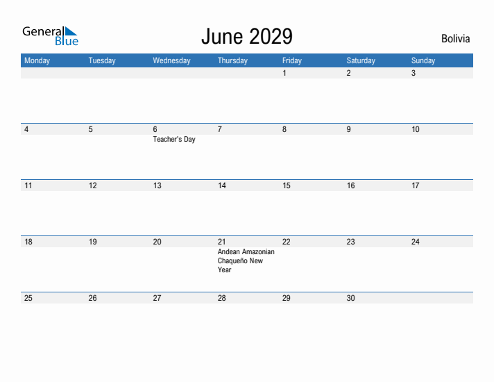 Fillable June 2029 Calendar