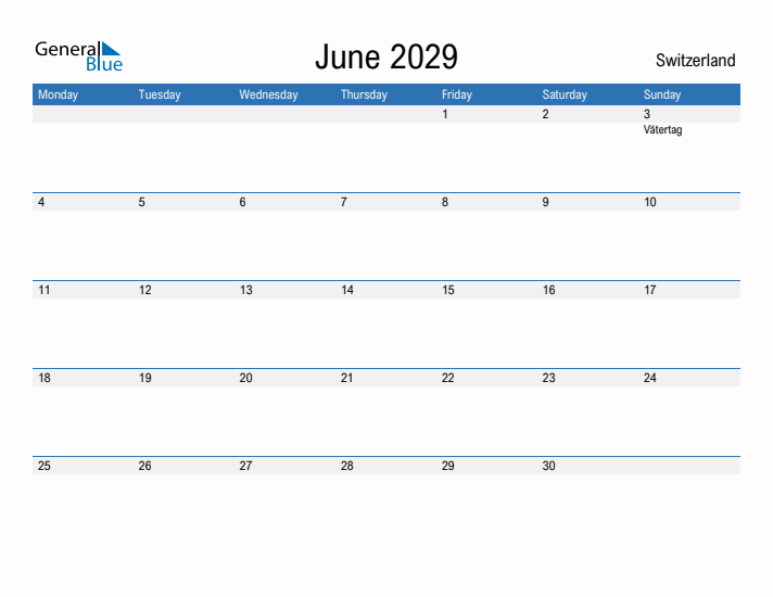 Fillable June 2029 Calendar