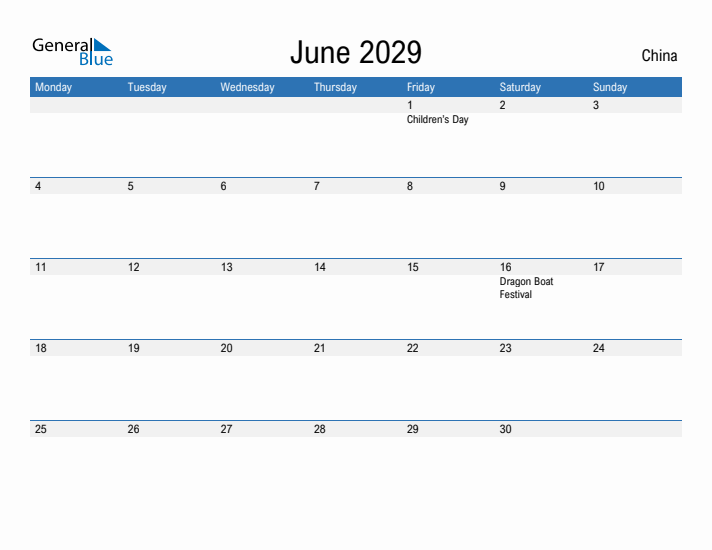 Fillable June 2029 Calendar