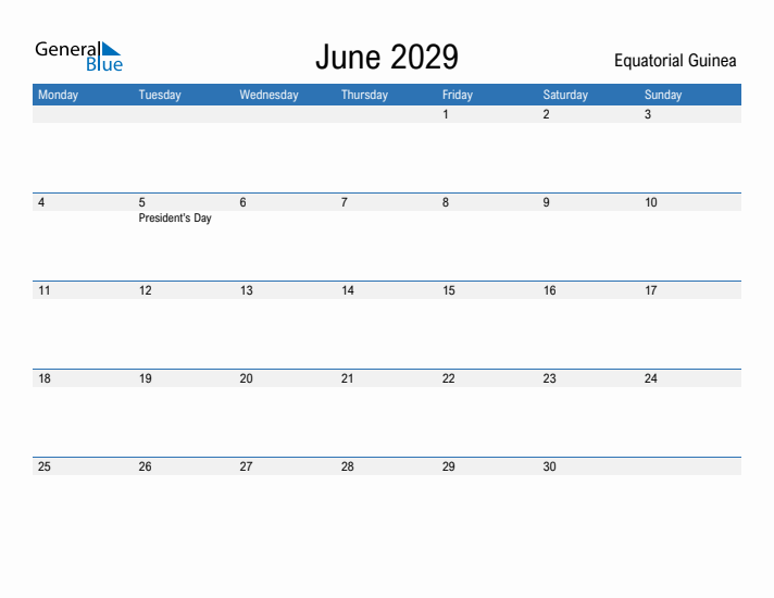 Fillable June 2029 Calendar