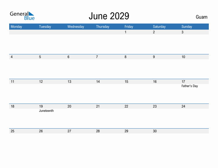 Fillable June 2029 Calendar